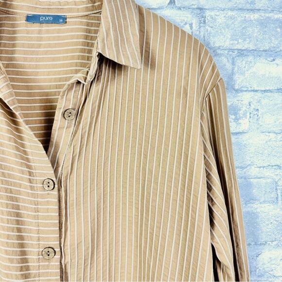 Pure Lagenlook Mixed Stripe Tunic Top SZ 38 US Medium Button Up Tan White - Picture 2 of 8